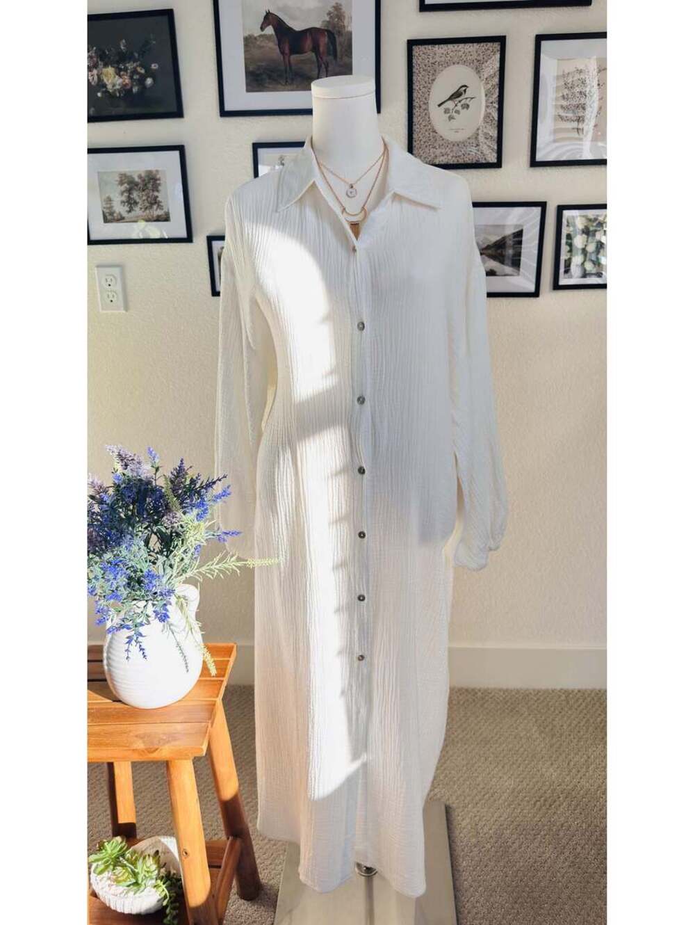 Boutique White Cotton Gauze Button Down Midi Dress - Size M - Picture 9 of 9
